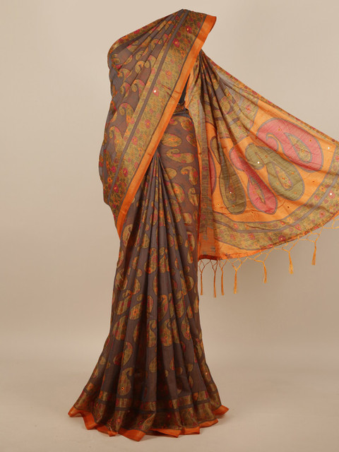 

Pothys Grey & Orange Paisley Mirror Work Saree