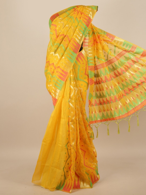 

Pothys Yellow & Red Geometric Woven Design Jute Silk Saree