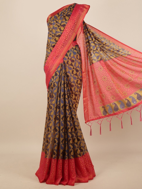 

Pothys Blue & Pink Paisley Printed Mirror Work Saree
