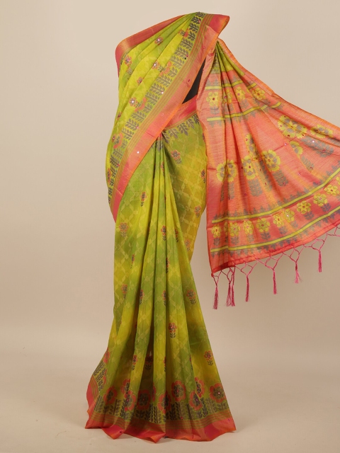 

Pothys Green & Pink Floral Printed Mirror Work Saree