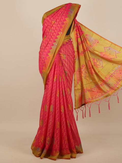 

Pothys Pink & Green Woven Design Mirror Work Saree