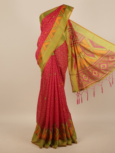 

Pothys Pink & Green Printed Mirror Work Saree