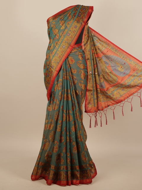 

Pothys Teal & Green Paisley Printed Mirror Work Saree