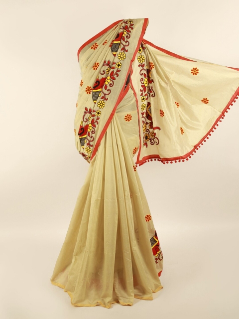 

Pothys Cream-Coloured & Red Ethnic Motifs Embroidered Saree