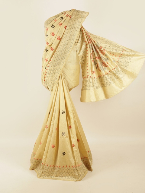 

Pothys Cream-Coloured & Red Floral Embroidered Saree