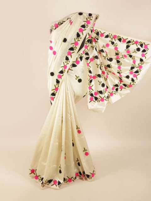 

Pothys Cream-Coloured & Pink Floral Embroidered Saree