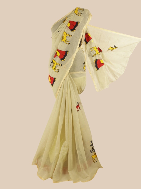 

Pothys Cream-Coloured & Red Ethnic Motifs Embroidered Saree