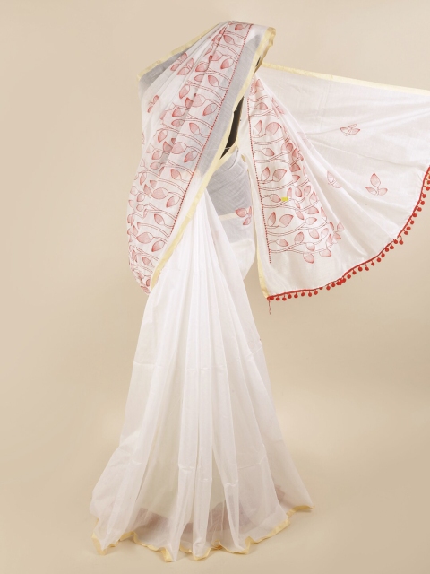 

Pothys White & Red Floral Embroidered Saree