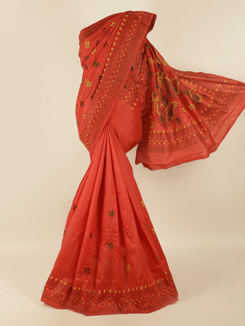 

Pothys Red & Yellow Ethnic Motifs Embroidered Saree