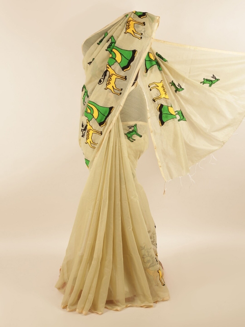 

Pothys Cream-Coloured & Green Ethnic Motifs Embroidered Saree