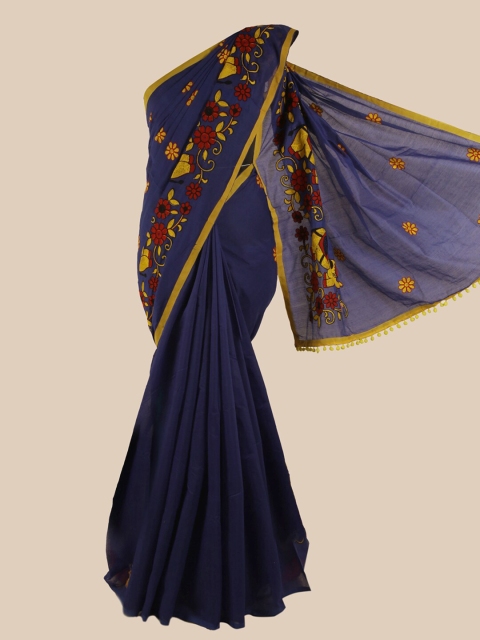 

Pothys Blue & Yellow Ethnic Motifs Embroidered Saree