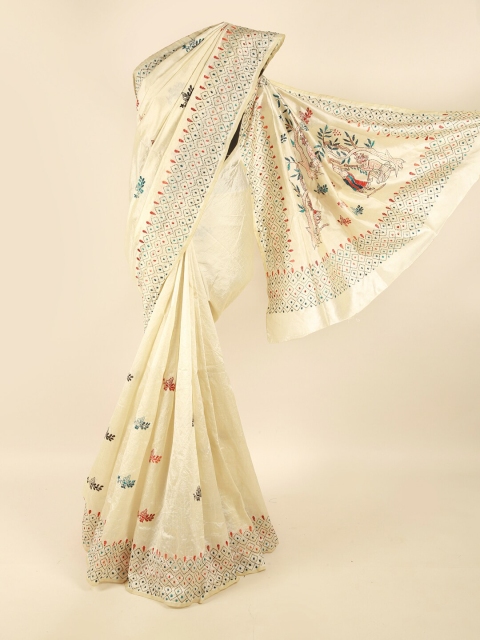 

Pothys Cream-Coloured & Red Ethnic Motifs Embroidered Saree