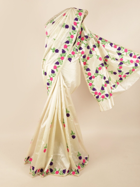

Pothys Cream-Coloured & Blue Floral Embroidered Saree