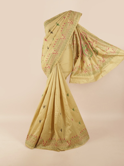 

Pothys Cream-Coloured & Pink Ethnic Motifs Embroidered Saree