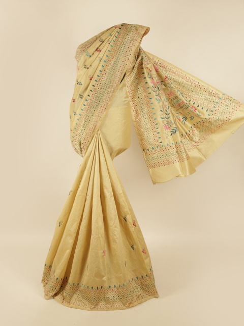 

Pothys Cream-Coloured & Pink Ethnic Motifs Embroidered Saree