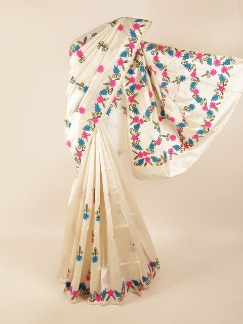 

Pothys Cream-Coloured & Blue Floral Embroidered Saree