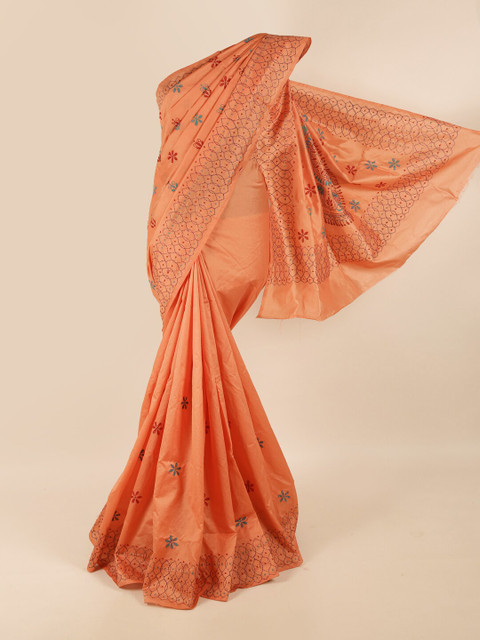 

Pothys Peach-Coloured & Red Ethnic Motifs Embroidered Saree