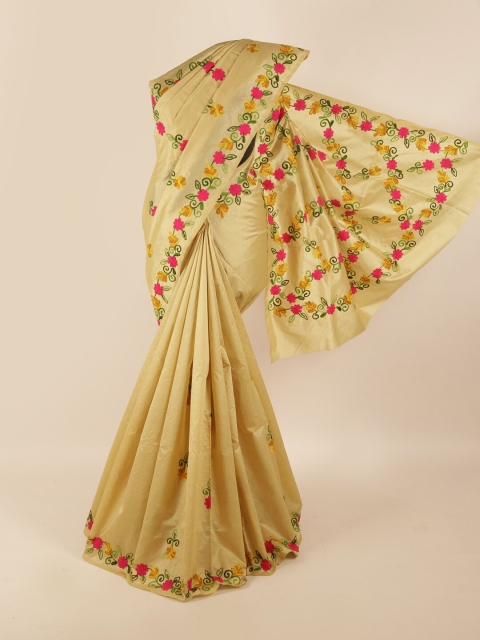 

Pothys Cream-Coloured & Yellow Floral Embroidered Saree