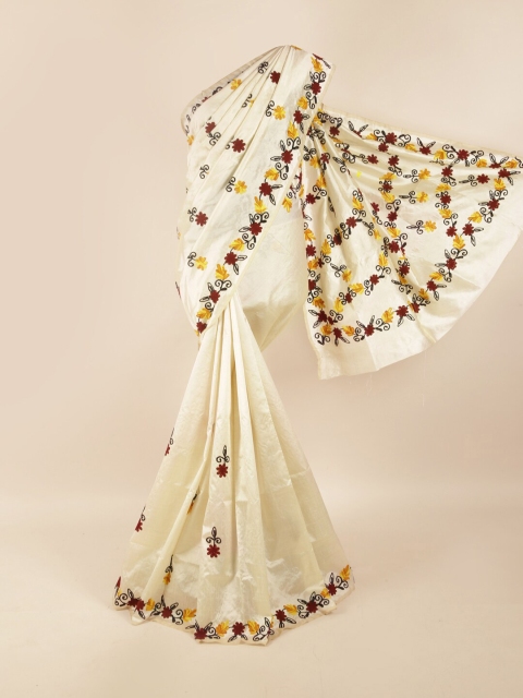 

Pothys Cream-Coloured & Maroon Floral Embroidered Saree