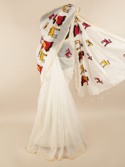 

Pothys White & Red Ethnic Motifs Embroidered Saree