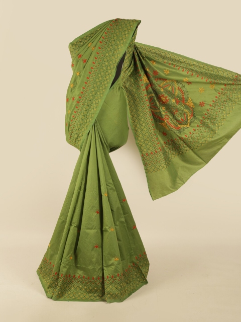 

Pothys Green & Red Ethnic Motifs Embroidered Saree