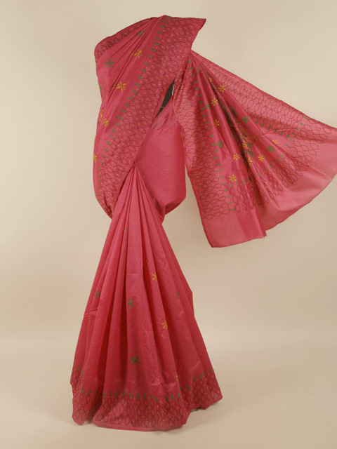 

Pothys Pink & Green Ethnic Motifs Embroidered Saree