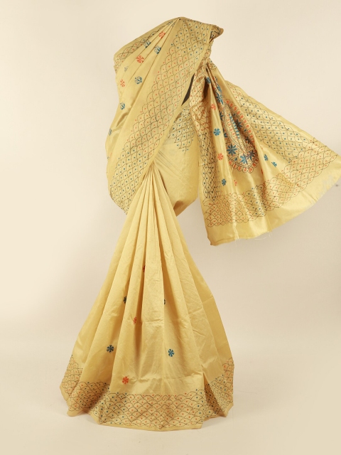 

Pothys Cream-Coloured & Blue Ethnic Motifs Embroidered Saree