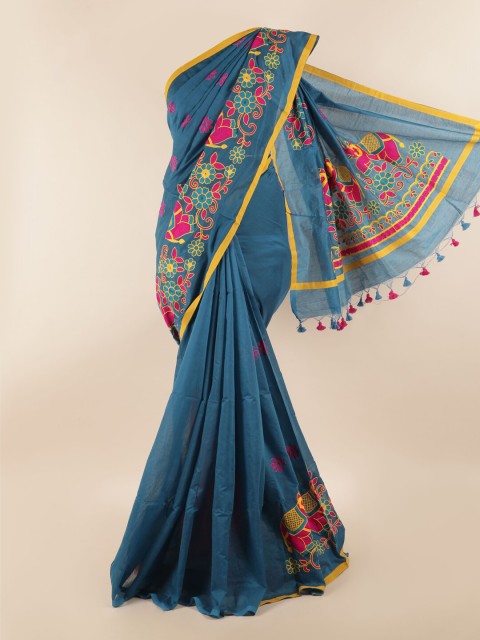 

Pothys Blue & Pink Ethnic Motifs Embroidered Saree