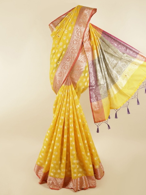 

Pothys Yellow & Silver-Toned Woven Design Saree