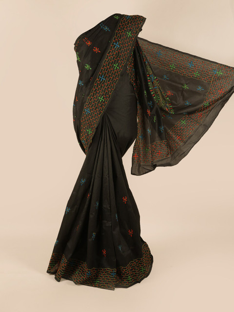 

Pothys Black & Green Floral Embroidered Saree