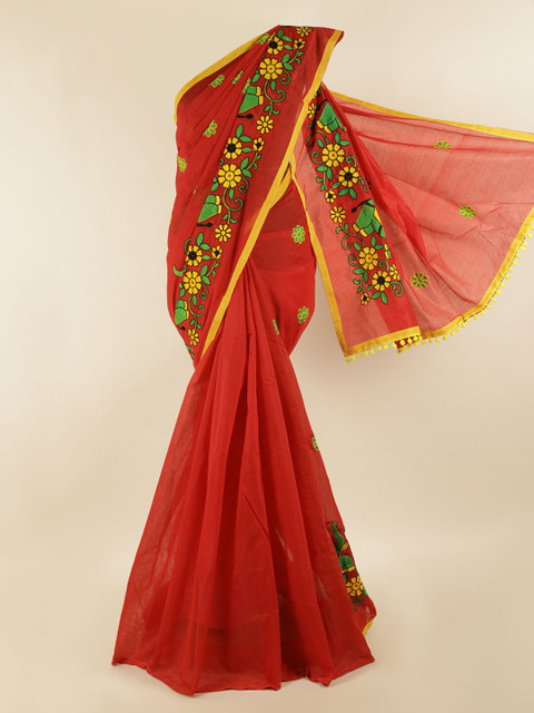 

Pothys Maroon & Green Ethnic Motifs Embroidered Saree