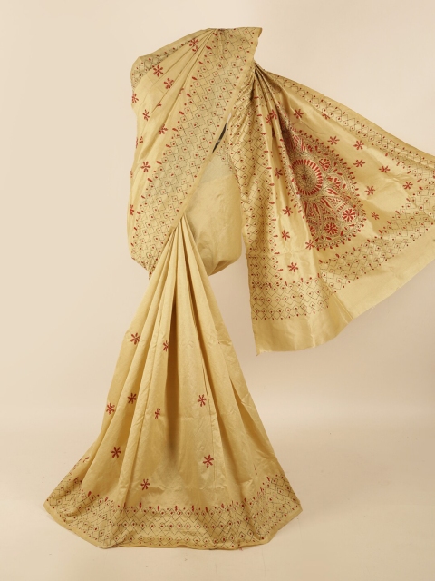 

Pothys Cream-Coloured & Maroon Ethnic Motifs Embroidered Saree