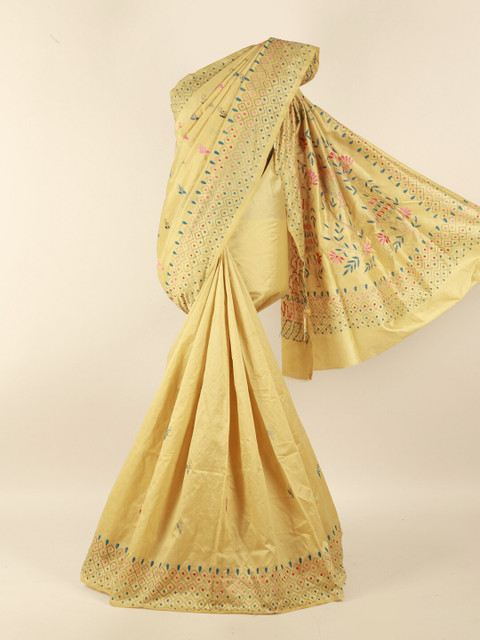 

Pothys Cream-Coloured & Turquoise Blue Ethnic Motifs Embroidered Saree