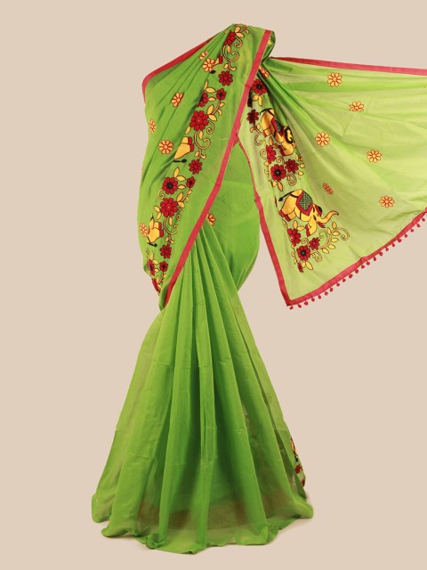 

Pothys Green & Red Ethnic Motifs Embroidered Saree