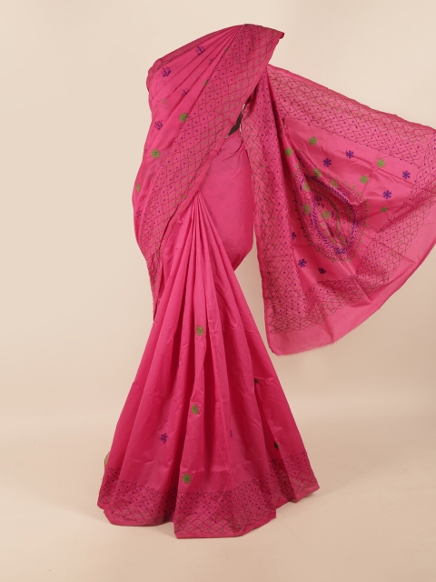 

Pothys Pink & Green Ethnic Motifs Embroidered Saree