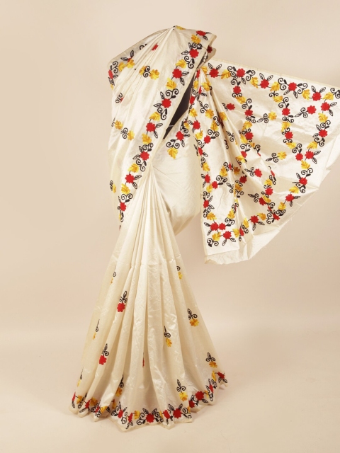 

Pothys Cream-Coloured & Red Floral Embroidered Saree