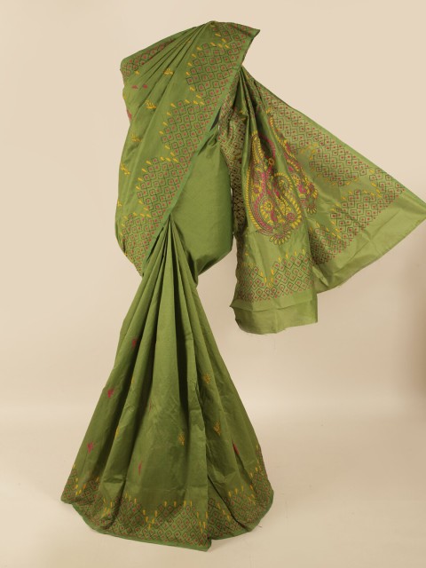 

Pothys Green & Pink Ethnic Motifs Embroidered Saree