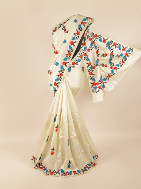 

Pothys Cream-Coloured & Blue Floral Embroidered Saree