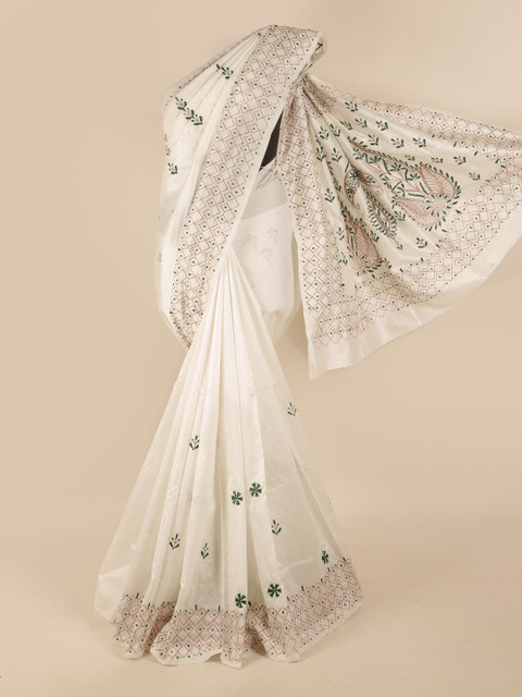 

Pothys Off White & Green Ethnic Motifs Embroidered Saree