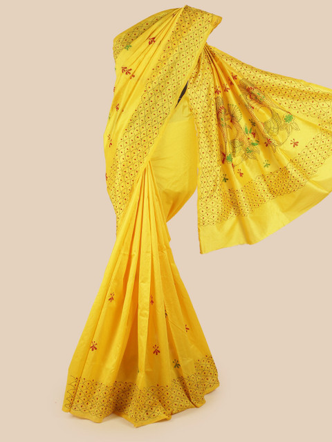 

Pothys Yellow & Red Ethnic Motifs Embroidered Saree