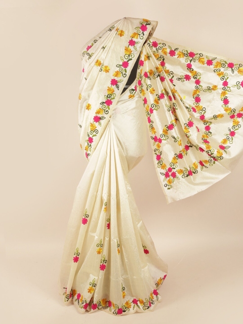

Pothys Cream-Coloured & Pink Floral Embroidered Saree
