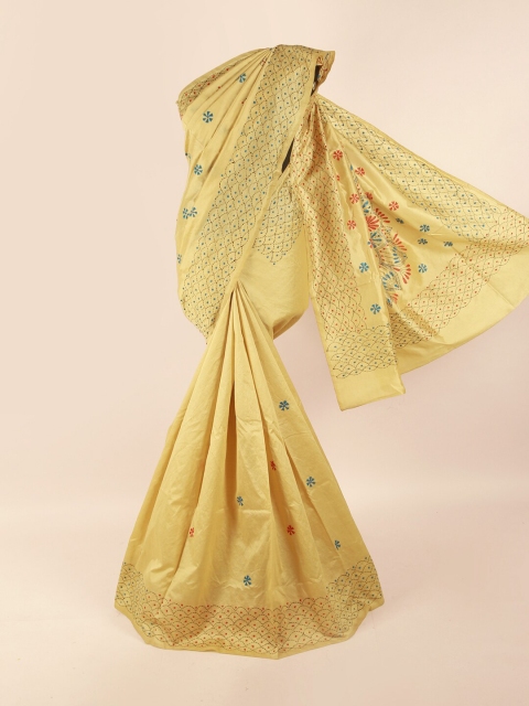 

Pothys Cream-Coloured & Blue Embroidered Saree