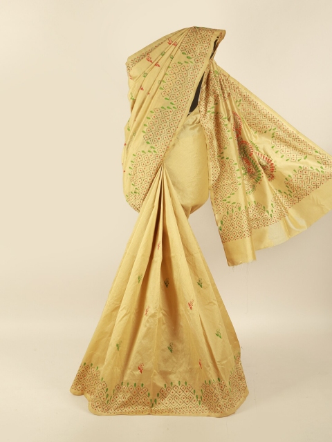 

Pothys Cream-Coloured & Green Ethnic Motifs Saree