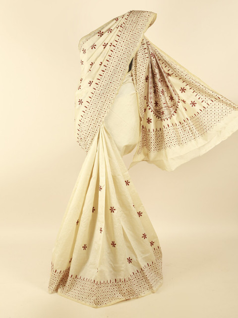 

Pothys Cream-Coloured & Maroon Floral Embroiered Saree