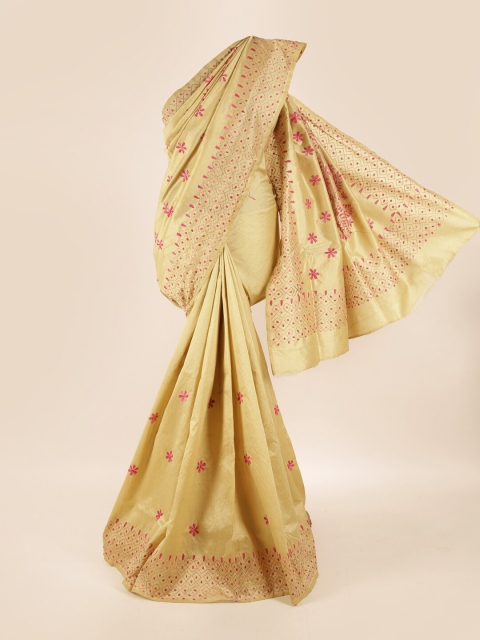 

Pothys Cream-Coloured & Pink Floral Embroidered Saree
