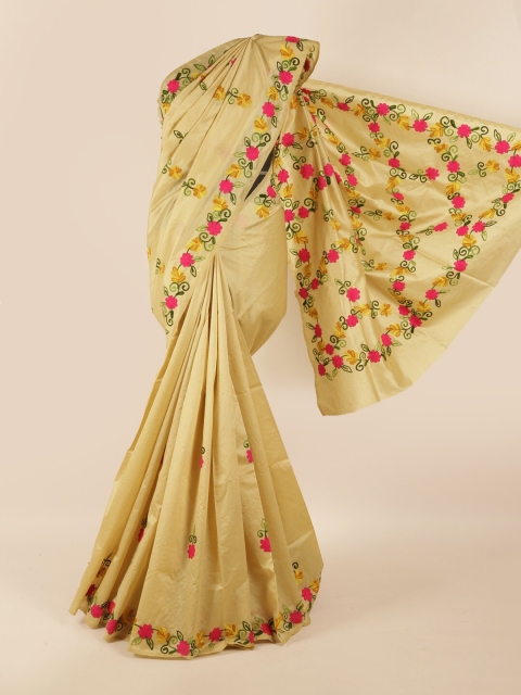 

Pothys Cream-Coloured & Gold-Toned Floral Saree