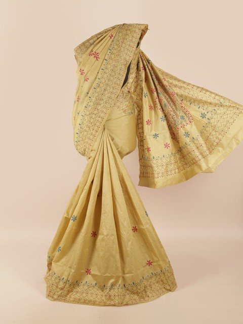 

Pothys Cream-Coloured & Fuchsia Floral Embroidered Saree