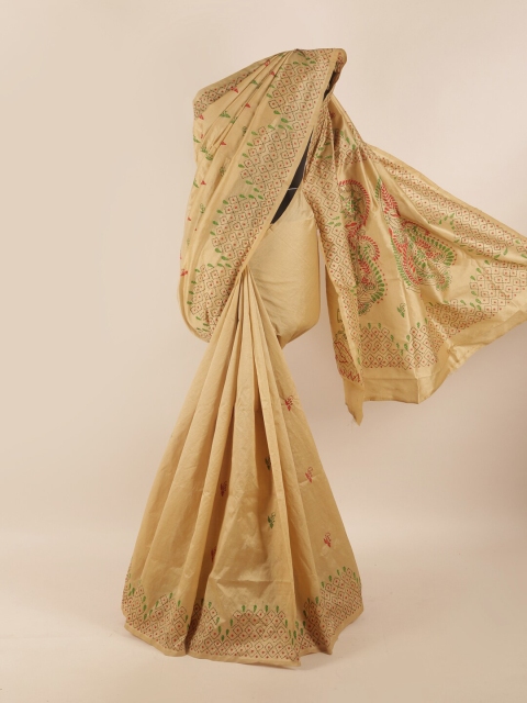 

Pothys Cream-Coloured & Green Embroidered Saree