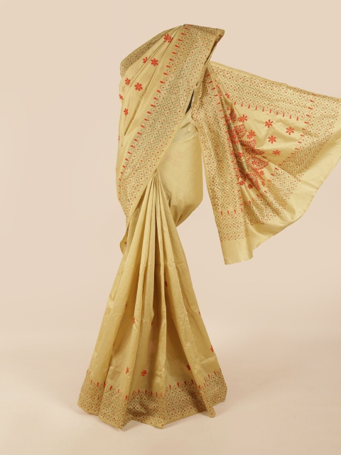 

Pothys Cream-Coloured & Red Floral Embroiered Saree