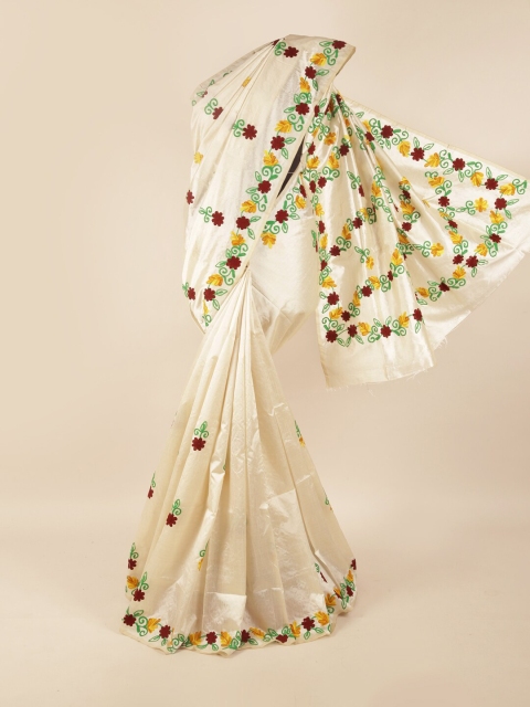 

Pothys Cream-Coloured & Maroon Floral Embroidered Saree